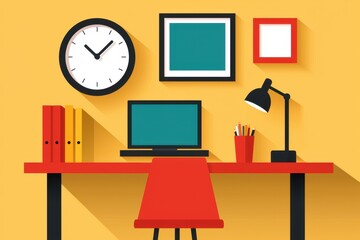 A modern workspace featuring a desk, clock, computer, lamp, and colorful decor against a vibrant yellow background.