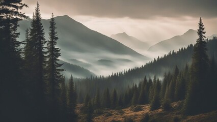 fog in the mountains misty landscape with fir forest in hipster vintage retro style  