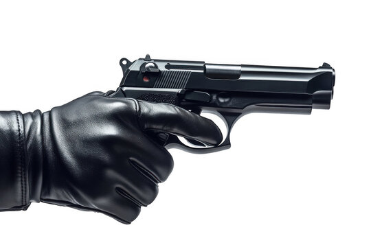 A gloved hand gripping a pistol against a stark, dark backdrop on transparent background