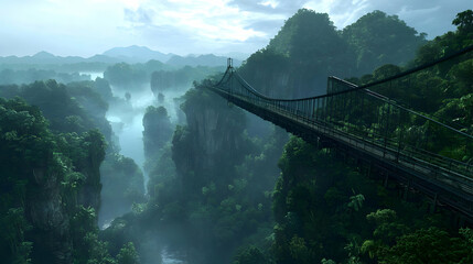 Obraz premium Misty Jungle Bridge Over Canyon
