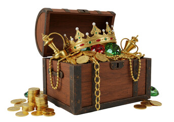 Isolated Treasure Chest with Gold Coins Crown and Jewels