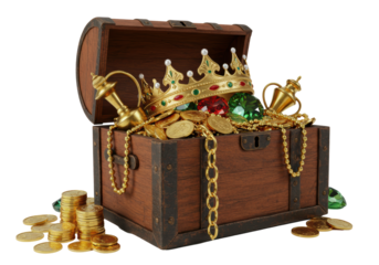 Isolated Treasure Chest with Gold Coins Crown and Jewels