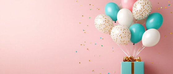 Beautiful happy birthday or festive celebration, pastel pink color background with white turquoise pink balloons and gift box, party, new, year, christmas, xmas, greeting card