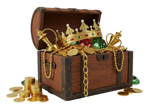 Isolated Treasure Chest with Gold Coins Crown and Jewels