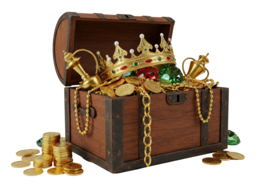 Isolated Treasure Chest with Gold Coins Crown and Jewels