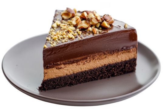 A slice of chocolate cake with nuts on a white plate isolated on transparent background