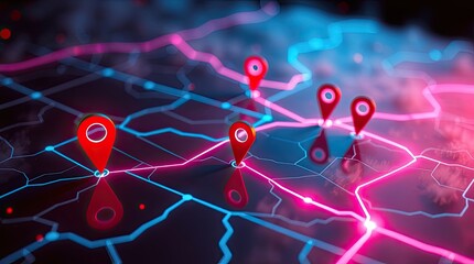 A network map showcasing multiple location markers with vibrant neon lighting.