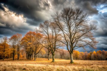 Fototapeta premium Autumn Woods: Gloomy Sky, Bare Trees, Copy Space - Fall Landscape Stock Photo