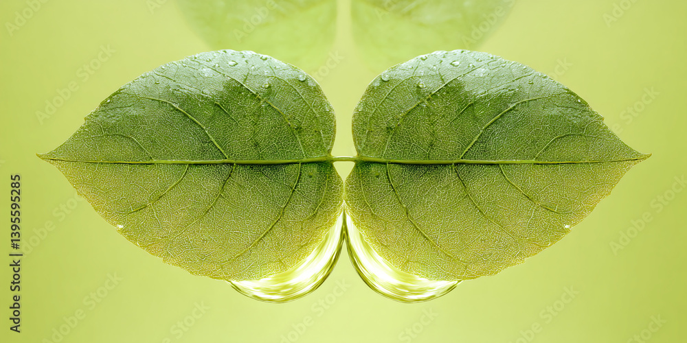 Poster close-up of two green leaves with water droplets, creating a symmetrical and refreshing image, showc
