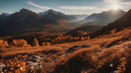 sunrise in the mountains valley in autumn at dawn