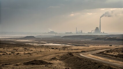 Barren landscape with hazy air and faint industrial silhouette in background, emphasizing polluted atmosphere and empty surroundings. Concept of industrial pollution and environmental degradation