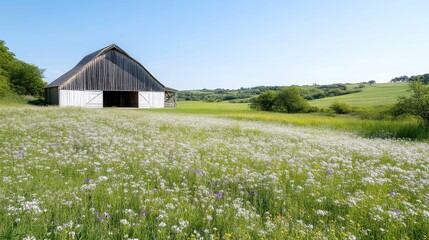 Rustic barn in a field of wildflowers.  A charming wooden barn stands amidst a vibrant meadow bursting with wildflowers under a clear blue sky