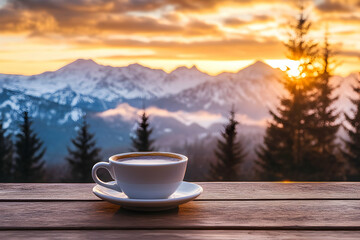 
A cup of coffee on the table with snow-capped mountains in the background at sunset.