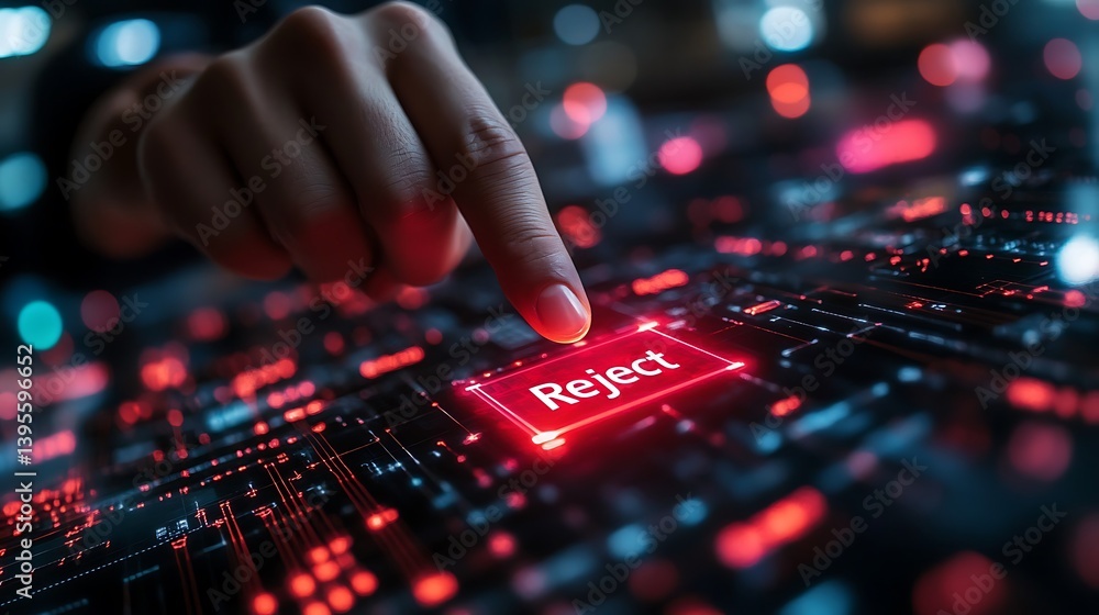 Poster finger presses glowing red reject button on futuristic circuit board abstract design.