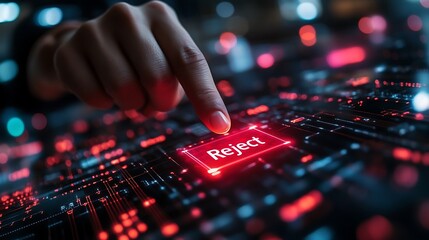 Finger Presses Glowing Red Reject Button on Futuristic Circuit Board Abstract Design.