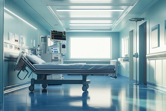 Recovery Room with beds and comfortable medical. Interior of an empty hospital room. Clean and empty room with a bed in the new medical center