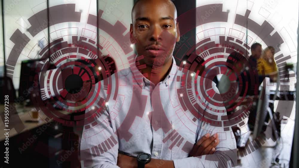 Poster man in office with digital interface animation over his face