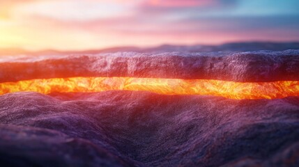 Fototapeta premium Fiery Lava Flow at Sunset Glowing Orange Magma Between Dark Rocks