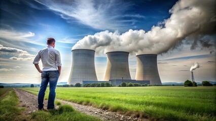 Person observing nuclear cooling towers in empty field, industrial environmental scene