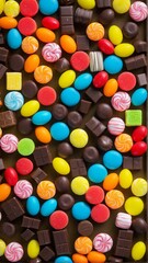 An Abundance of Sweets: A Colorful Array of Chocolate Bars, Coated Candies, and Spiral Swirls Delighting the Senses