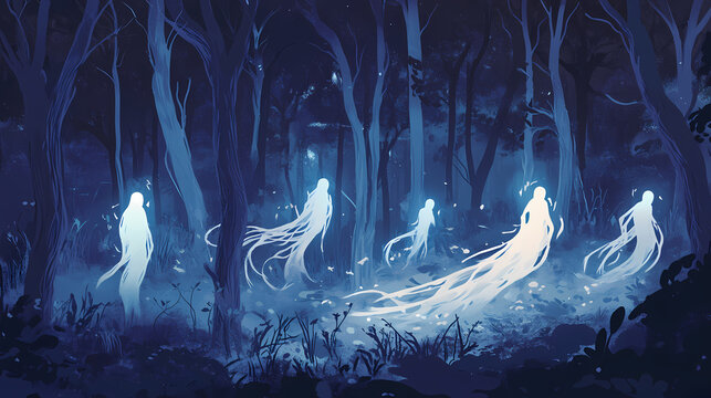 Ethereal figures in a dark forest, illuminated by a ghostly glow. Ghostly Silence. Illustration