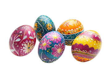 Collection of decorated easter eggs with floral motifs displayed on transparent background