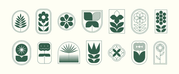 Set of minimalist plant and flower logos. Botanical emblems and symbols. Various floral vector illustrations in geometric style.