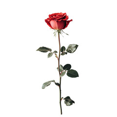 A single red rose with green leaves on the stem isolated against a Transparent background PNG