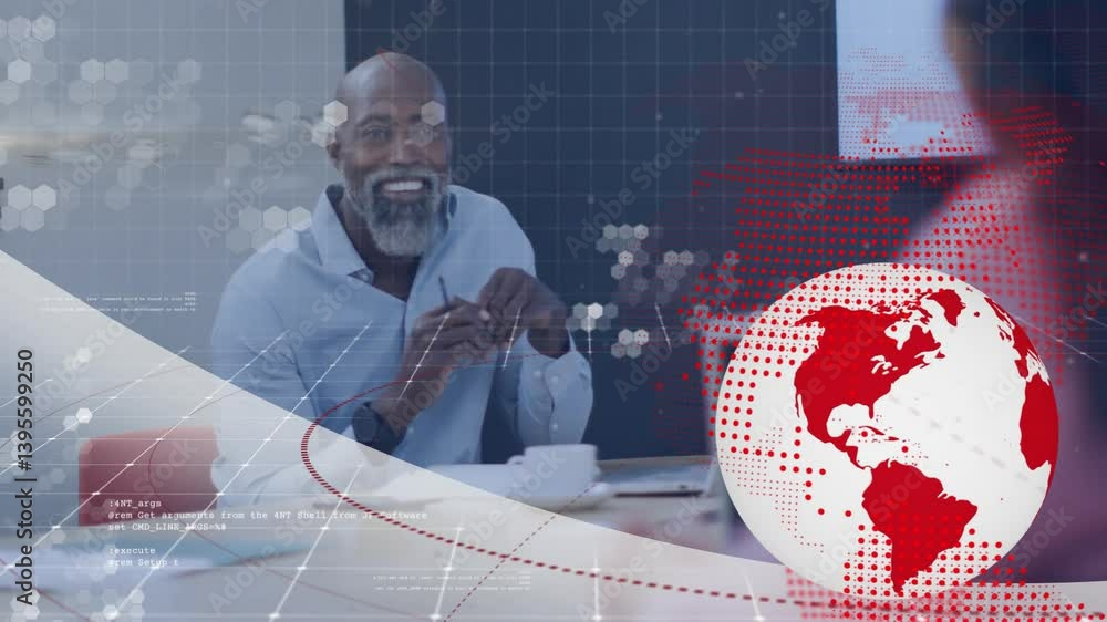 Poster smiling man in office with digital globe and data overlay animation