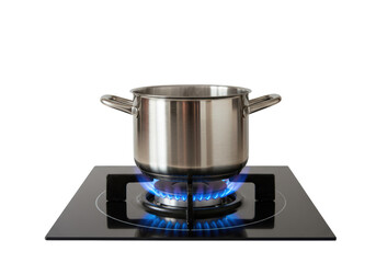 Isolated Stainless Steel Pot on Induction Cooktop with Flame