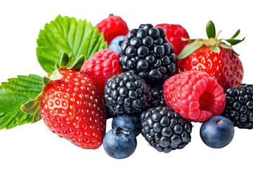 Assortment of fresh berries including strawberries and blackberries on transparent background