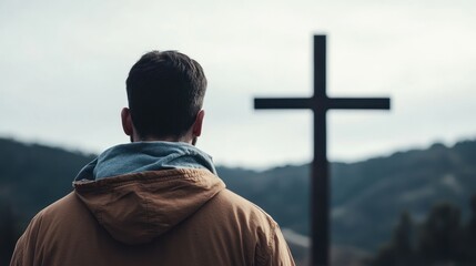 Man gazing at a large cross on a hilltop, surrounded by mountains under a cloudy sky