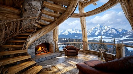 Fototapeta premium Cozy cabin interior with wooden decor and mountain view