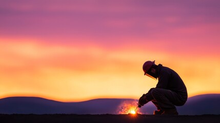 Silhouette of Welder at Sunset with Vibrant Sky and Mountain Background