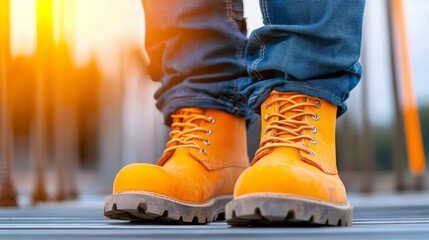 Worn Yellow Work Boots at Sunset on Metal Surface