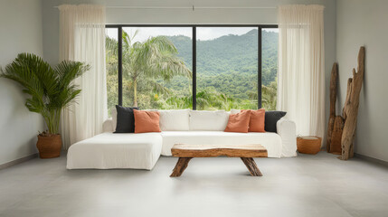 Modern living room with mountain view and natural decor elements in serene setting