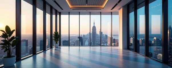 Stunning panoramic view of modern skyscraper office interior, city, panorama, glass