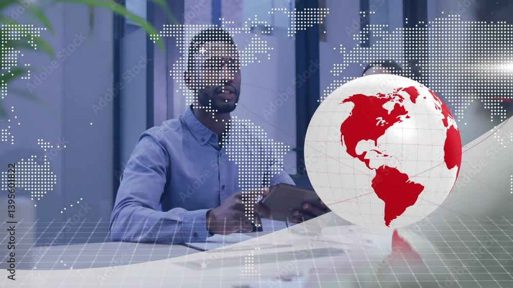 Poster discussing global data, businessman using animation with world map overlay in office