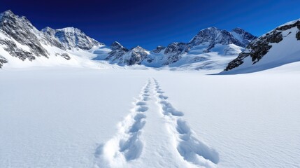 Fototapeta premium Pristine snow-covered glacier with footprints. Vast expanse of untouched white snow, leading towards majestic, snow-capped mountains. A clear, vibrant blue sky above. Perfect winter wonderland
