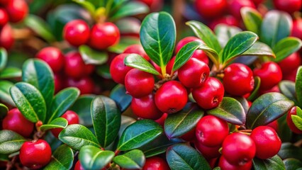 Close-Up of Eastern Teaberry Berries, Gaultheria Procumbens, Wintergreen Plant