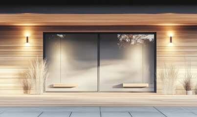 Fototapeta premium Modern wooden facade with minimalist design and serene ambiance at dusk