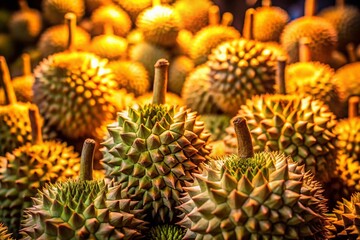 Close-up of Fresh Durian Fruits at a Tropical Farm Market