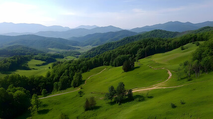 Fototapeta premium Panoramic View Of Lush Green Valley And Hills