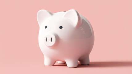 Still life of a white piggy bank symbolizing financial savings, investments, and economic security on pink backdrop. 