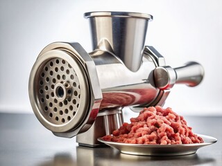 Close-up of Stainless Steel Minced Meat Grinder on Rustic Wooden Table - Rule of Thirds Composition