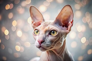 Close-up Profile Portrait of a Canadian Sphynx Cat on White Background with Bokeh Effect