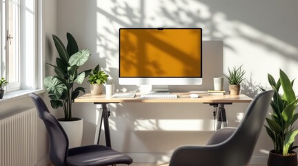Fototapeta premium Modern workspace featuring a computer and greenery with natural light creating soft shadows on the walls.