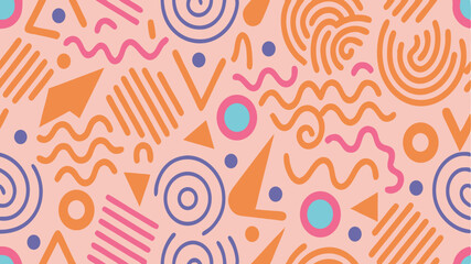 Seamless Memphis Geometric Pattern. Colorful Abstract 80s 90s Retro Background with Circles, Dots, Zigzags, Spirals, and Wavy Lines. Bright Orange Pink Fun Doodle Design for Kids.