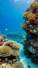 Vibrant coral reef teeming with life, showcasing colorful fish swimming amidst the coral structures in a beautiful underwater ecosystem.