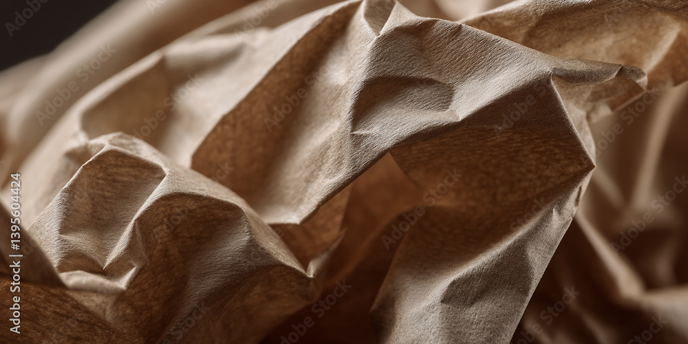 Poster close-up of brown crumpled paper texture, showing folds and creases, creating an abstract, textured 